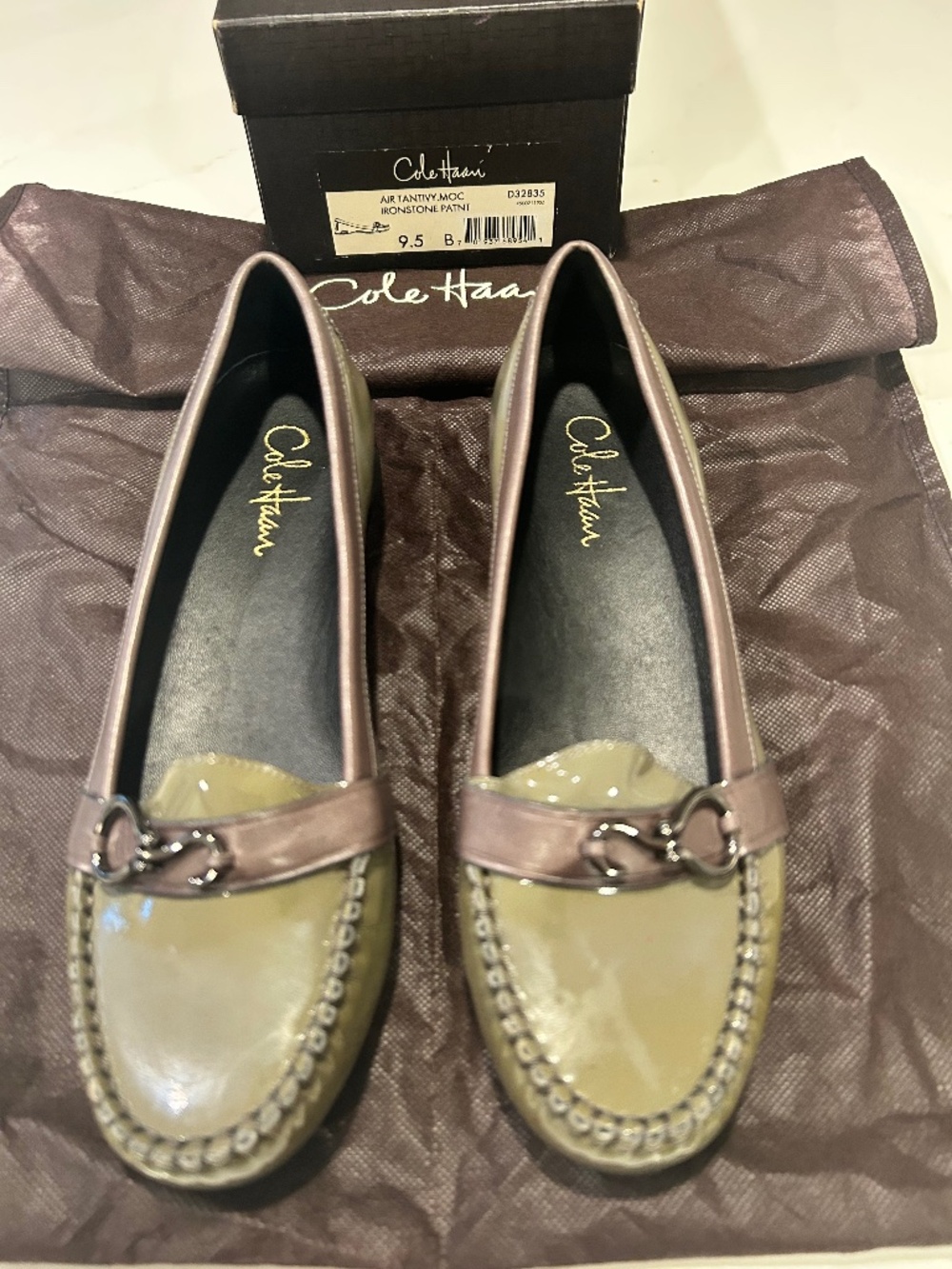 Cole Haan Nikeair Shoes Womens 9.5B Patent Slip On Moccasin Loafer Olive/Tan NIB